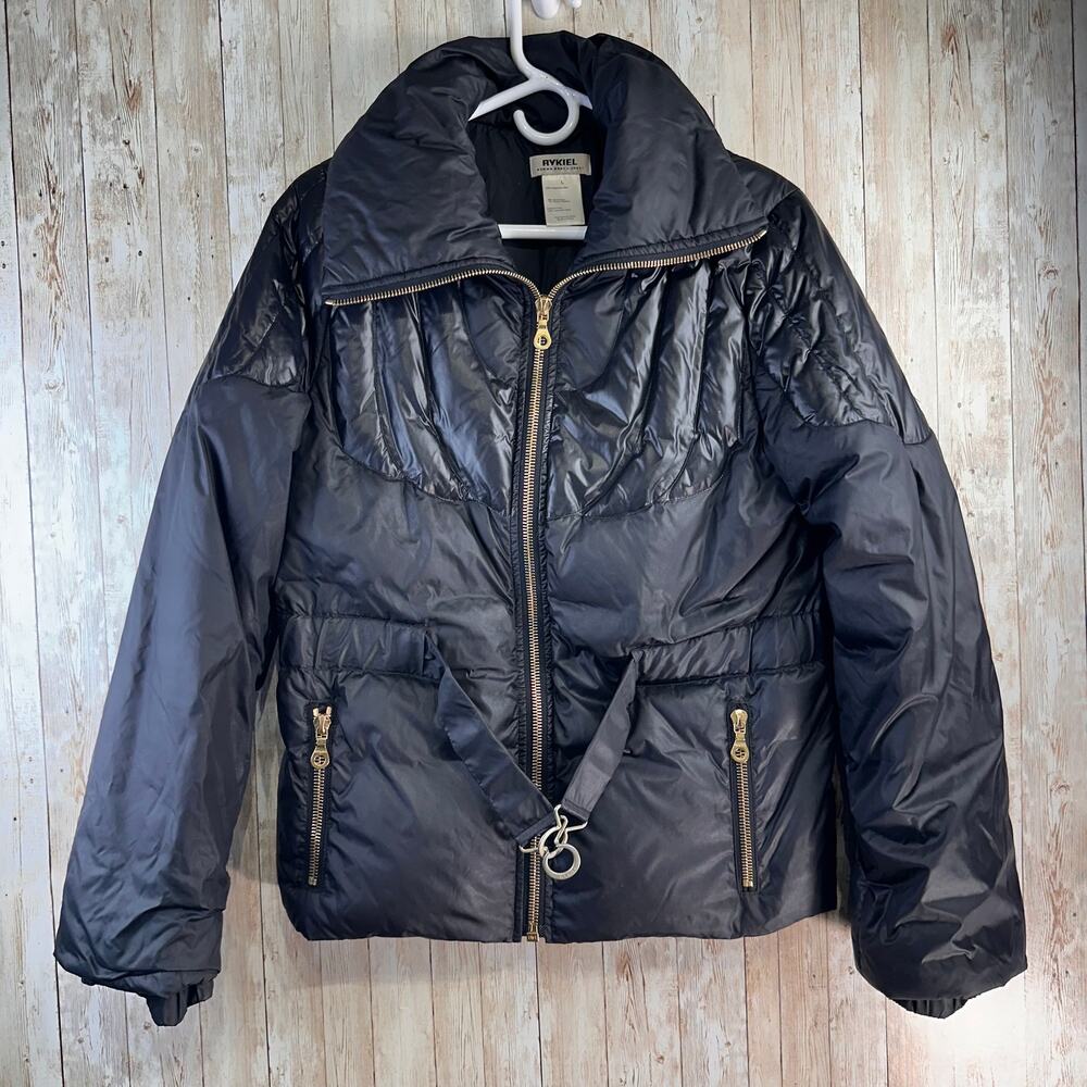 Rykiel Karma & Soul Puffer Jacket Womens L Black Full Zip Down Fill Belted Coat